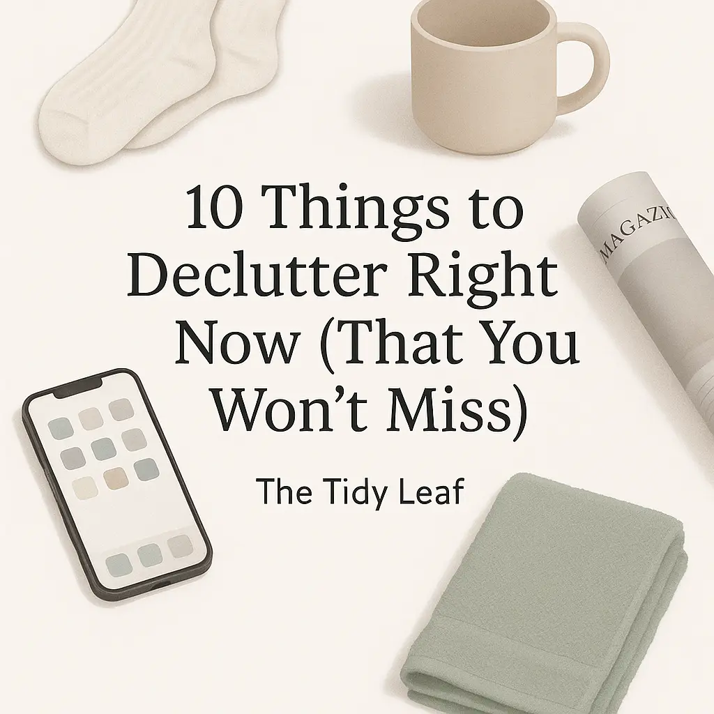 Flat lay of minimal home items with text overlay: “10 Things to Declutter Right Now – The Tidy Leaf”