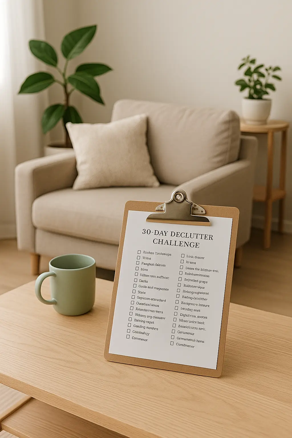 A minimalist living room during a 30-day declutter challenge, showcasing simple furniture and organized space