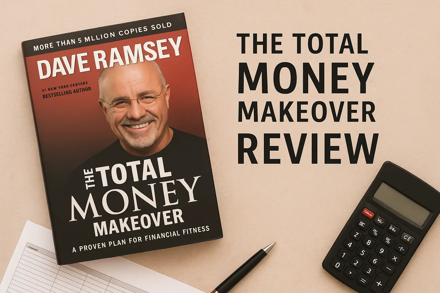 Flat lay of Dave Ramsey’s book The Total Money Makeover with budgeting tools – book review image